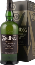 Ardbeg TEN 10 Jahre mit 1,0 Liter und 46 % Vol.  Dieser Ardbeg 10 Jahre 1 Liter mit 46 % Vol. ist ein non-chill-filtered Whisky, leicht salzig und torfig. Dies bedeutet er wurde nicht k�ltefiltriert und enth�lt mehr Geschmacksstoffe. Extrem beliebt bei Whiskyliebhabern von rauchigen und torfigen Islay...